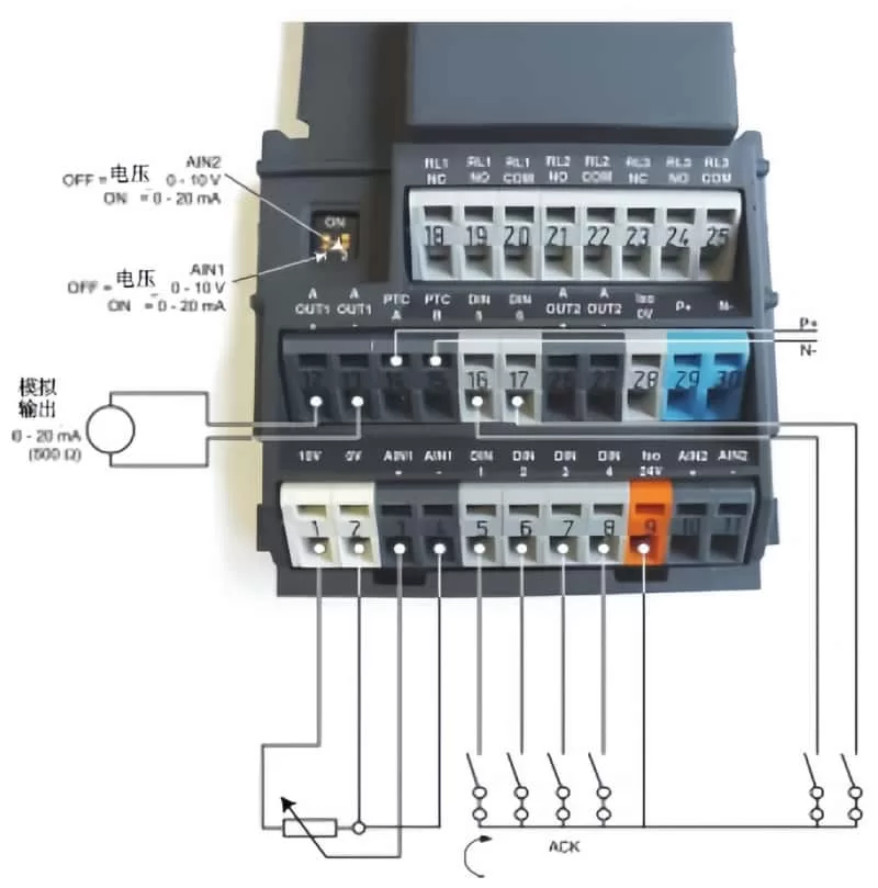 Terminal connections of the Siemens 400 Series (420/430/440) VFD Drives