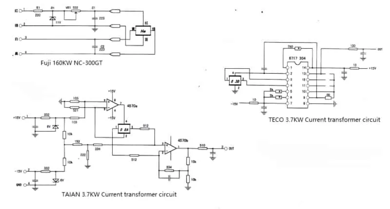 Internal circuit diagram of the current sensor in a frequency converter.