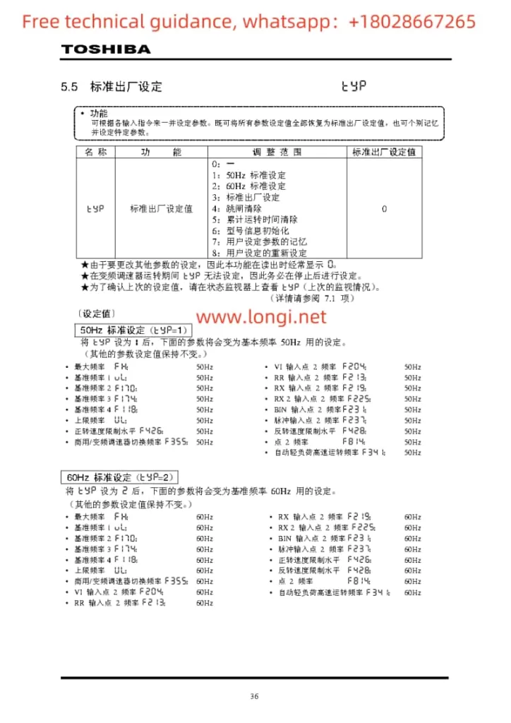 KYP parameter description for Toshiba VFD