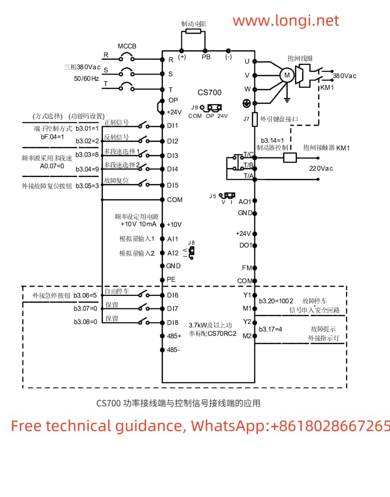 Typical wiring diagram of Huichuan CS700 crane specific VFD