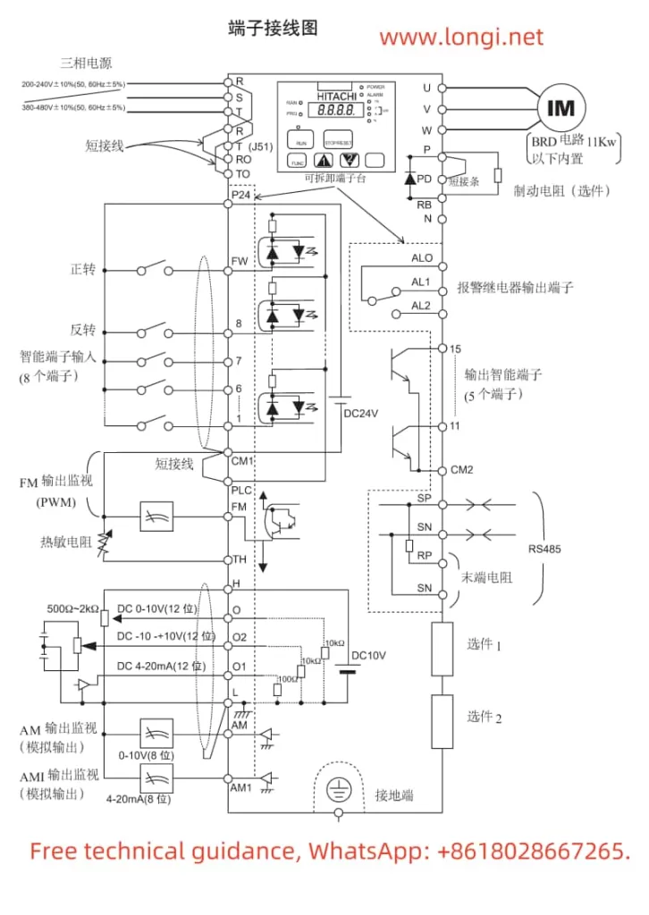 Standard wiring diagram for Hitachi inverter SJ300.